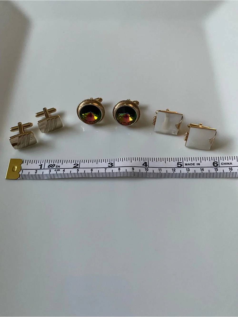 3 sets of Cuff Links. Gold tone, Dante Watermelon & Swank Mother of Pearl